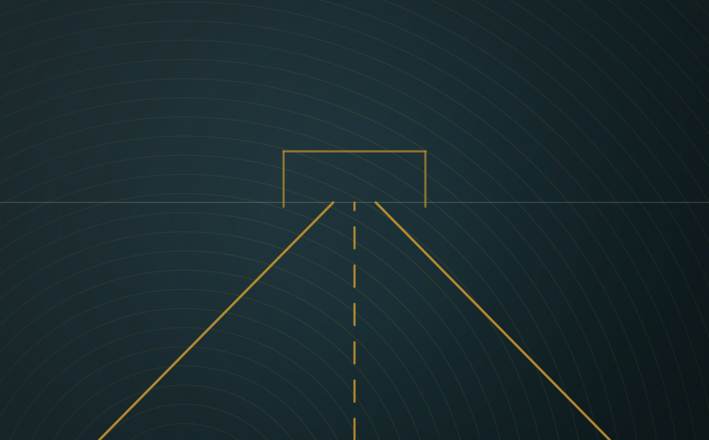 Schematic of a tolled road receding to the horizon under a gantry