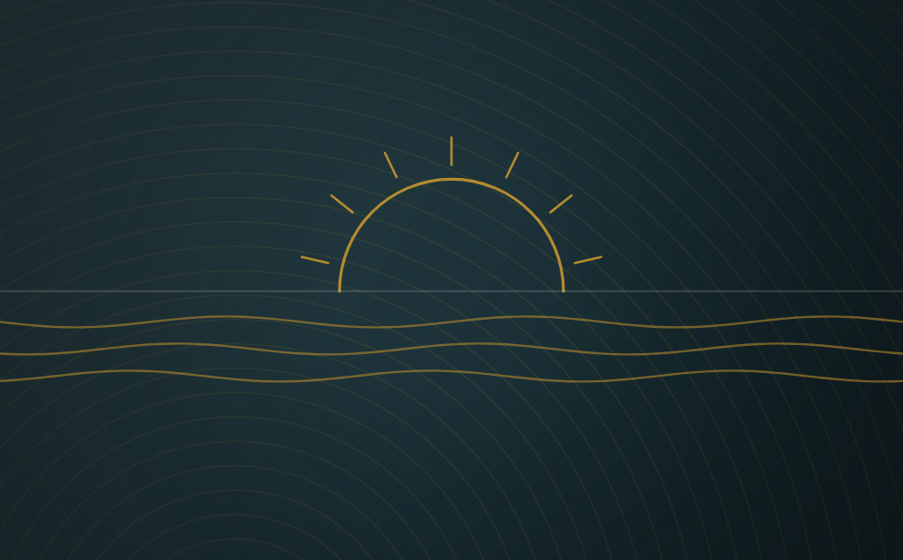 Line schematic of a sun over a coastline with waves
